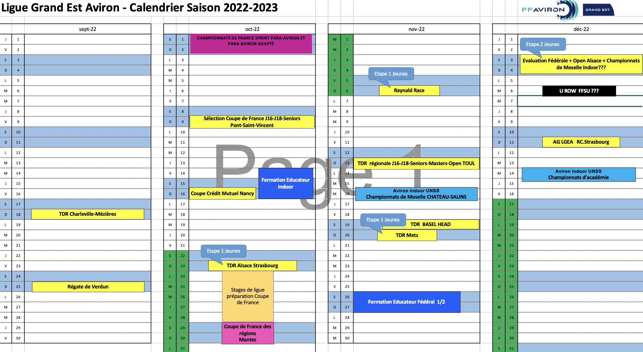 Calendrier 2022-2023 - Trismestre 1